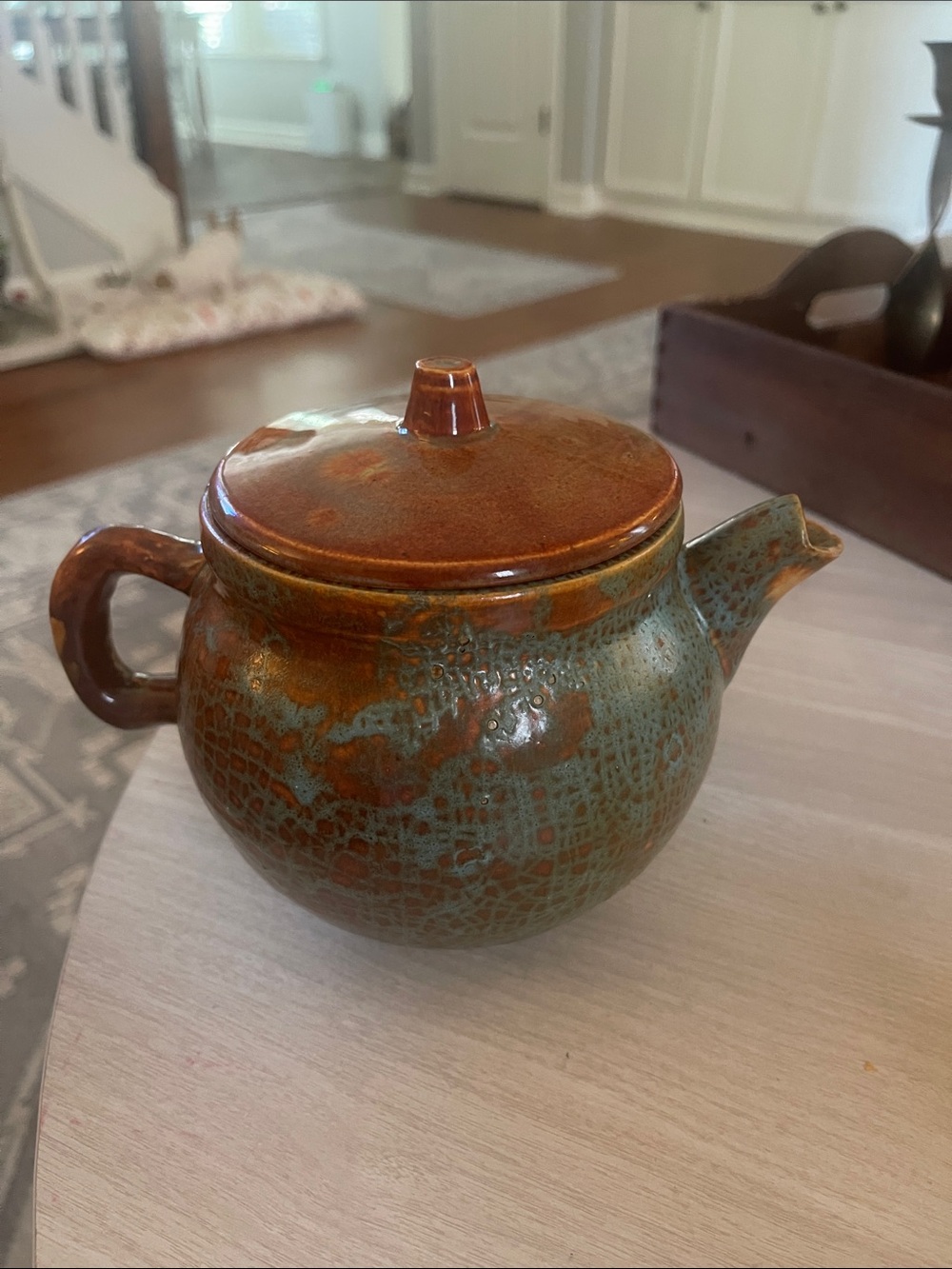 Antique Teapot Handcrafted In 1947 In Huntington  TN   W/ A Crackled  Blue Glaze